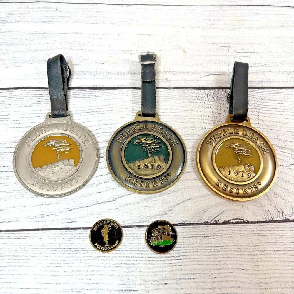 PEBBLE BEACH RESORTS 1919 Metal Bag TAGS (3) Spyglass Hill Spanish (2) Ball Mrkr